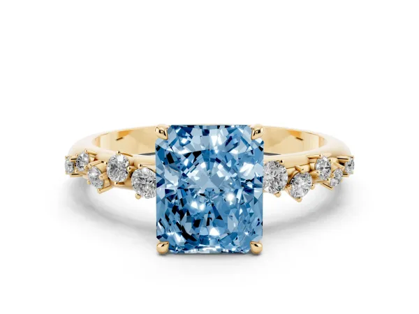 Fancy Blue Radiant Cut Diamond Cluster Prong-Set Solitaire Ring Yellow gold