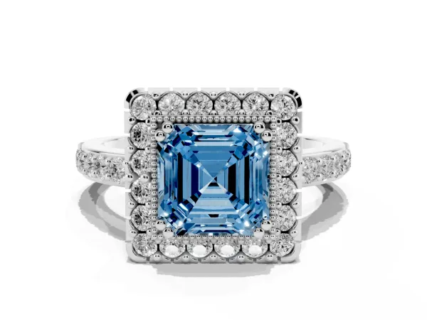 Fancy Blue Asscher Cut Diamond Halo Ring with Pavé Band and Prong Setting Platinum