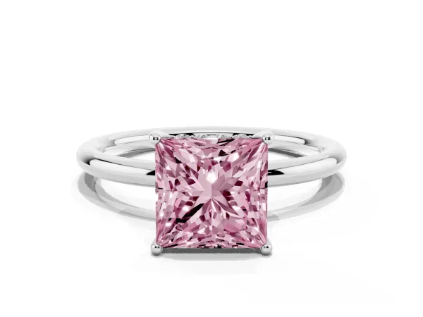 Fancy Pink Princess Cut Solitaire Diamond Ring with a Classic Band and Four-Prong Setting Platinum