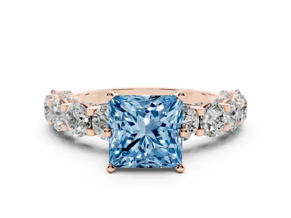 Fancy Blue Princess Cut Diamond Side Stone Engagement Ring with Four-Prong Setting Rose gold