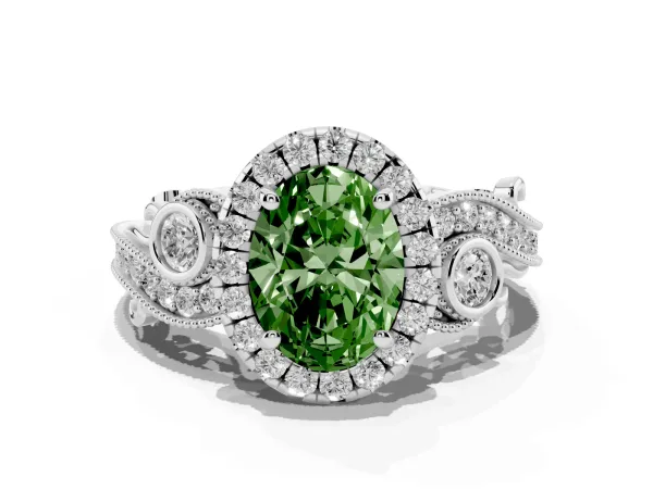 Fancy Green Oval Cut Diamond Halo Ring with Milgrain Pavé Band and Four-Prong Setting Platinum