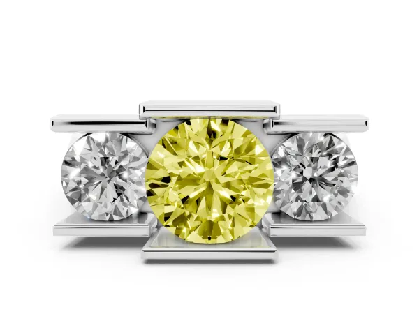 Fancy Yellow Three Stone Round Cut Cut Channel Set Diamond Ring White gold