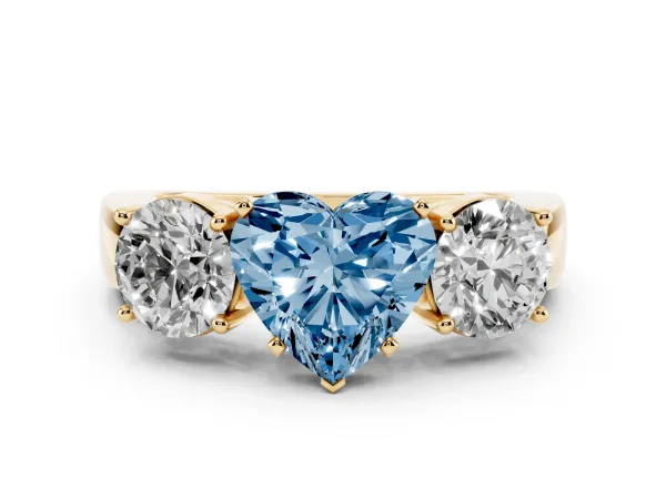 Fancy Blue Three-Stone Heart Cut Diamond Ring with Round Side Stones, Classic Band, and Four-Prong Setting Yellow gold