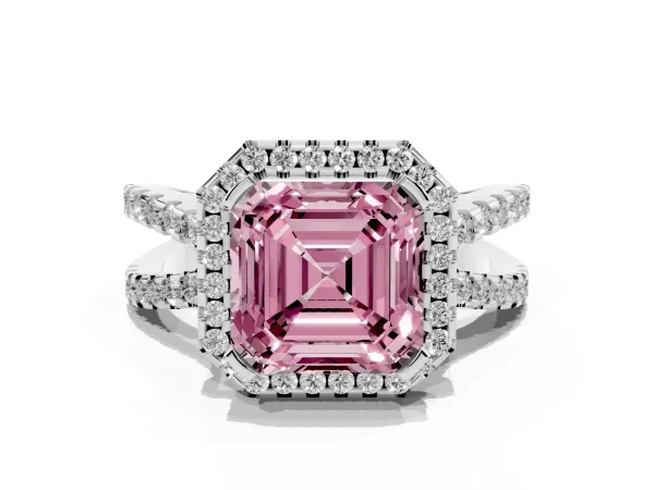 Fancy Pink Asscher Cut Diamond Halo Ring with Split Shank Pavé Band and Prong Setting Platinum
