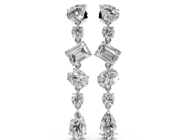 Pear, Oval, Emerald and Round Diamond Waterfall Drop Earrings Platinum