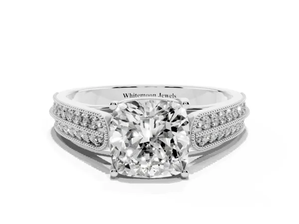 Cushion Cut Cut Pave Split Shank Engagement Ring with Four-Prong Setting Platinum