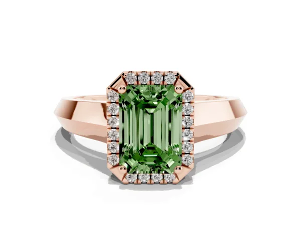 Fancy Green Emerald Cut Halo Diamond Ring with Cathedral Band and Four-Prong Setting Rose gold