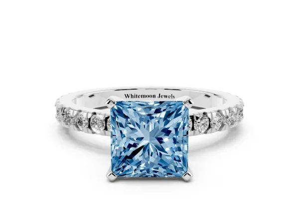 Fancy Blue Princess Cut Diamond Pavé Band Solitaire with Four-Prong Setting Platinum