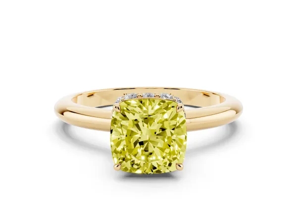 Fancy Yellow Cushion Cut Brilliant Solitaire Engagement Ring with Six-Prong Setting and Classic Band Yellow gold