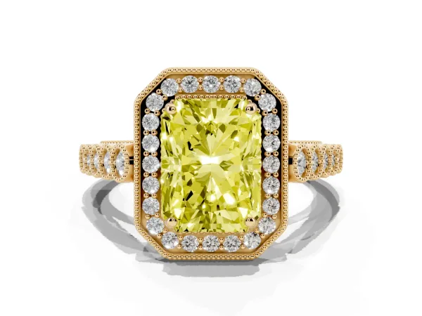 Fancy Yellow Radiant Cut Halo Milgrain Solitaire with Bezel Set Side Stones and Pave Band Yellow gold