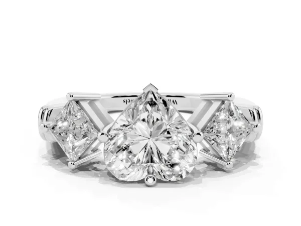 Three-Stone Heart Cut and Princess Cut Diamond Ring with Channel Band and Four-Prong Setting Platinum