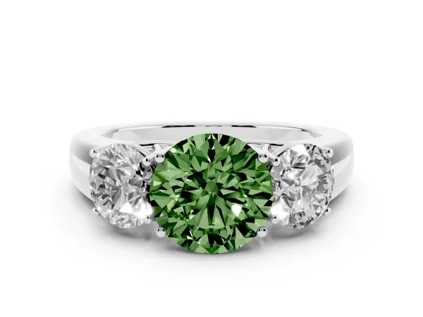 Fancy Green Three-Stone Round Cut Cut Diamond Ring with Prong Setting and Classic Band White gold