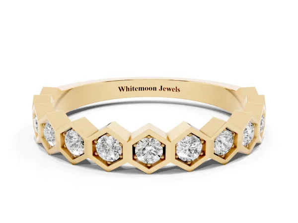 Hexagon Pave Diamond Eternity Band with Bezel Setting Yellow gold