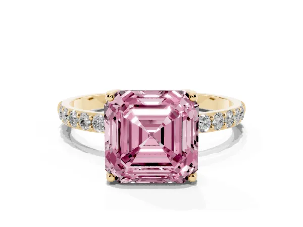 Fancy Pink Asscher Cut Diamond Solitaire Engagement Ring with Round Pavé Band and Prong Setting Yellow gold