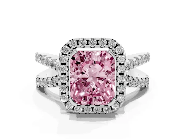 Fancy Pink Radiant Cut Diamond Halo Ring with Split Shank Pavé Band and Prong Setting Platinum