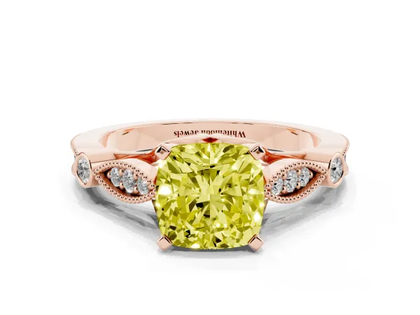 Fancy Yellow Cushion Cut Cut Diamond with Milgrain Marquise and Bezel Accents on a Solitaire Band with Prong Setting Rose gold