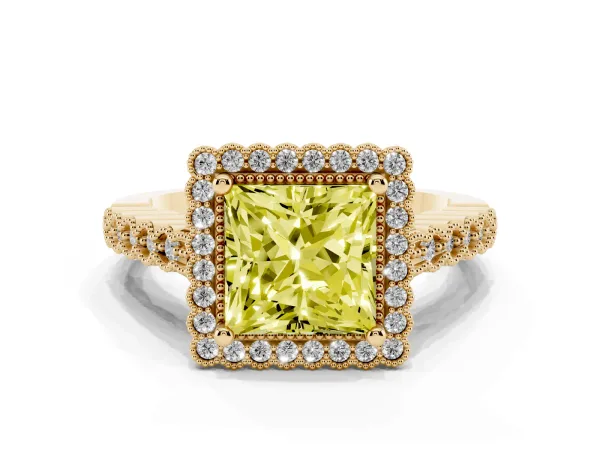 Fancy Yellow Princess Cut Cut Halo Pavé Solitaire Ring with Milgrain Band Yellow gold
