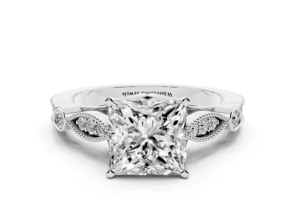 Princess Cut Cut Diamond with Milgrain Marquise and Bezel Accents on a Solitaire Band with Prong Setting Platinum