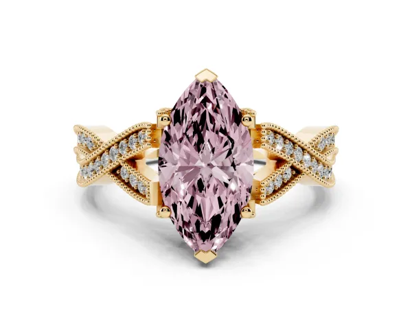 Fancy Pink Marquise Cut Cut Diamond Twisted Band with Milgrain Pave Setting and Four-Prong Setting Yellow gold