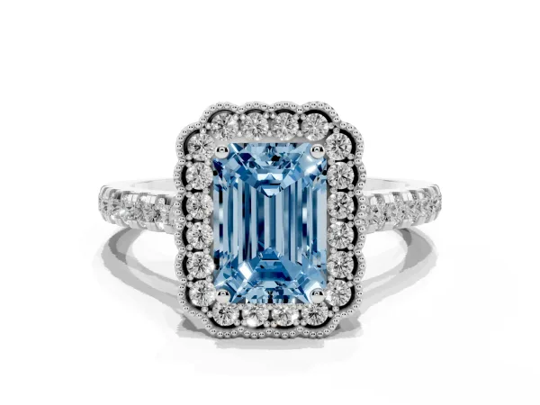 Fancy Blue Emerald Cut Cut Diamond Milgrain Floral Halo Engagement Ring with Pavé Band White gold