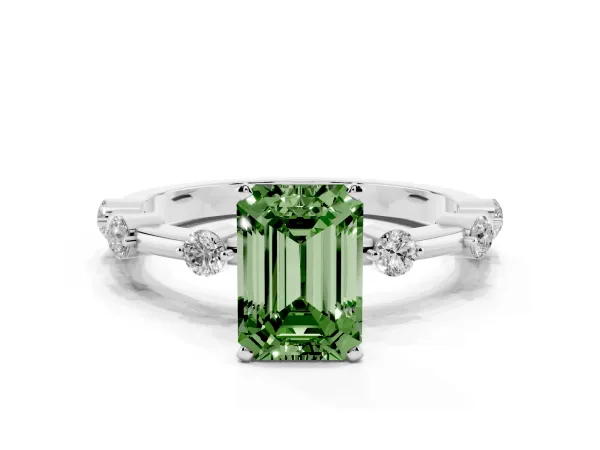 Fancy Green Emerald Cut Solitaire Diamond Ring with Bezel Set Side Stones and Prong Setting White gold