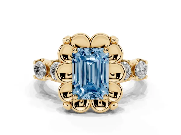 Fancy Blue Emerald Cut Cut Diamond Floral Halo Engagement Ring with Shared Prong Setting Yellow gold