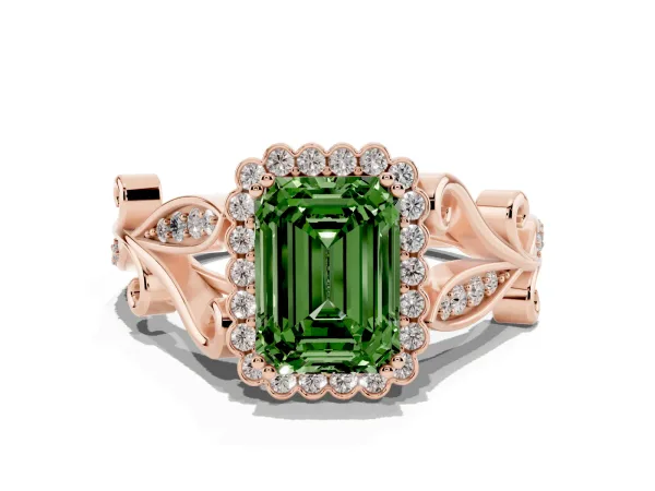Fancy Green Emerald Cut Diamond Halo Ring with Vintage Split Shank and Four-Prong Setting Rose gold