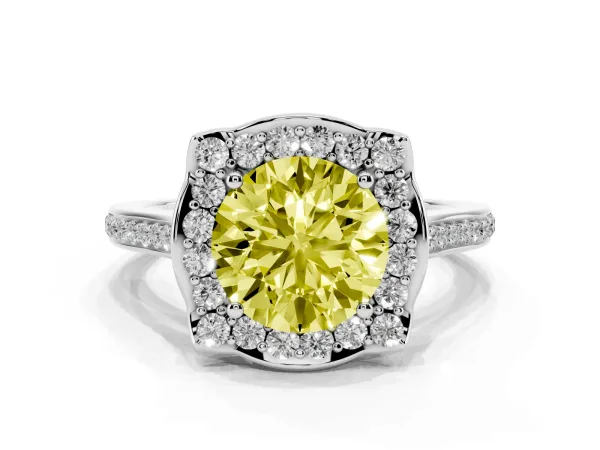 Fancy Yellow Round Cut Halo Round Diamond Pave Band with Four-Prong Setting Platinum