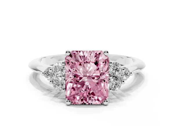 Fancy Pink Radiant Cut Cut Diamond Cluster Ring with Solitaire Band and Four-Prong Setting White gold