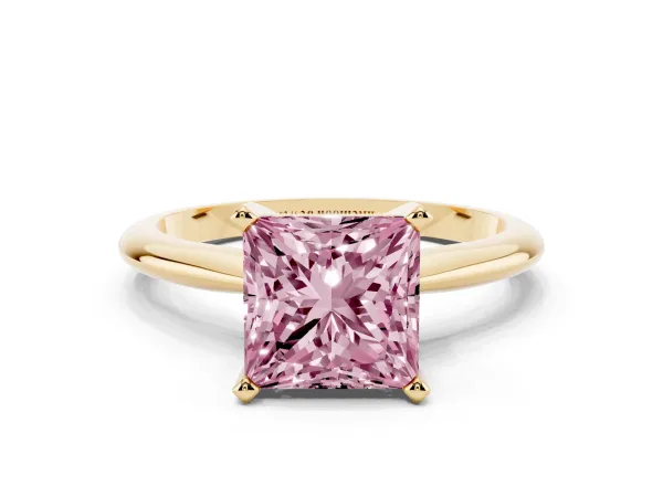 Fancy Pink Princess Cut Cut Solitaire Ring with Four-Prong Setting on a Classic Band Yellow gold