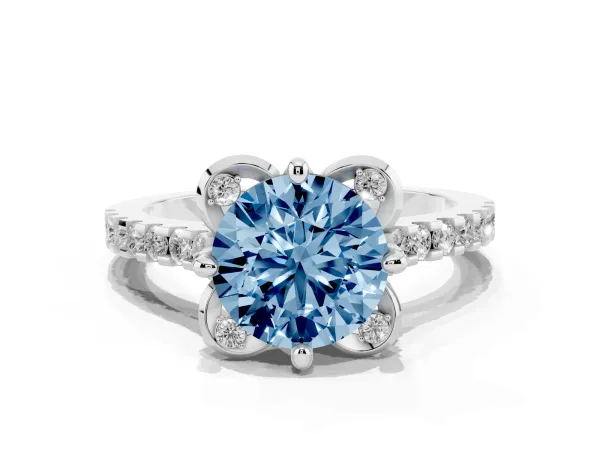 Fancy Blue Round Cut Diamond Ring with Pavé Band and Floral Prong Setting Platinum
