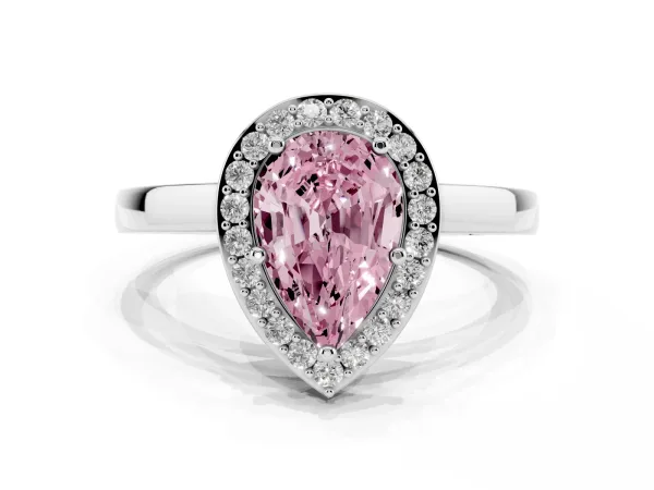 Fancy Pink Pear Cut Halo Diamond Ring with Solitaire Band and Prong Setting White gold