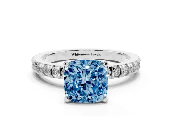 Fancy Blue Cushion Cut Diamond Pavé Band Solitaire with Four-Prong Setting Platinum