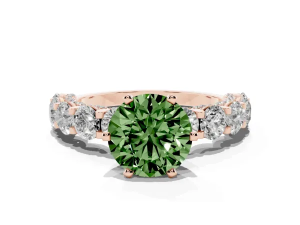 Fancy Green Round Cut Diamond Side Stone Engagement Ring with Four-Prong Setting Rose gold