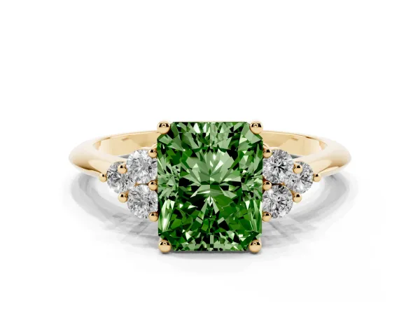 Fancy Green Radiant Cut Cut Diamond Cluster Ring with Solitaire Band and Four-Prong Setting Yellow gold