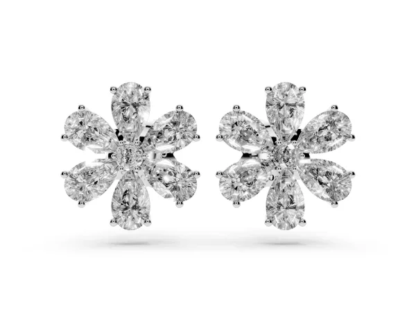 Pear Cut Diamond Floral Cluster Stud Earrings Silver