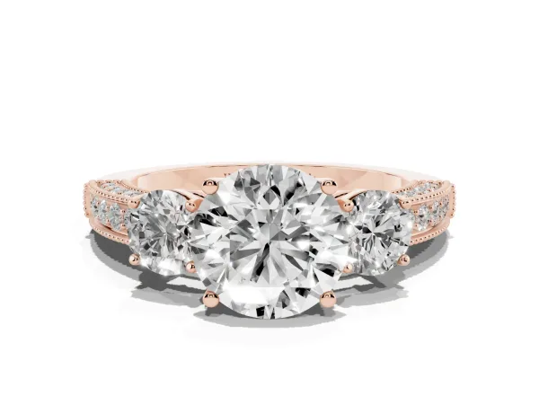 Round Cut Three-Stone Diamond Ring with Pavé Band and Four-Prong Setting Rose gold