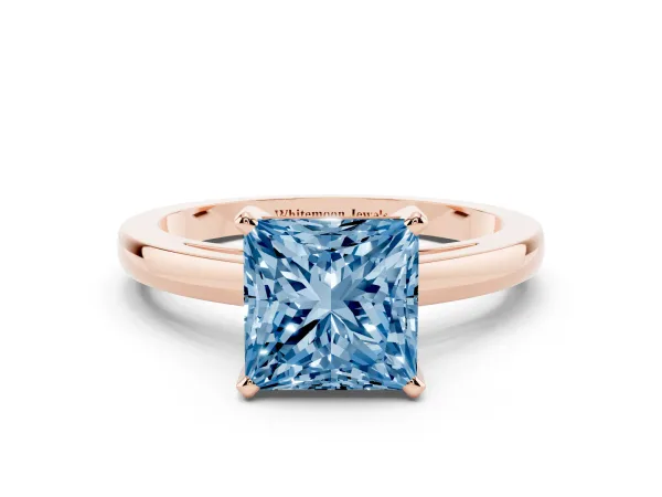 Fancy Blue Princess Cut Solitaire Diamond Engagement Ring with Four-Prong Setting on a Classic Band Rose gold