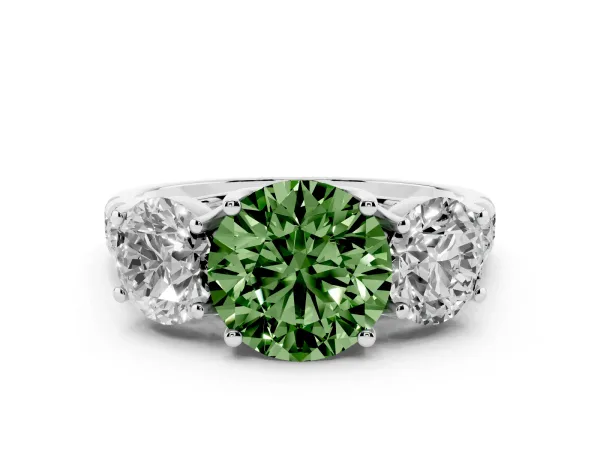 Fancy Green Three-Stone Round Cut Diamond Pavé Band with Prong Setting Platinum