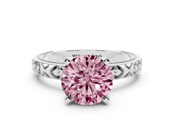 Fancy Pink Round Cut Solitaire Diamond Engagement Ring with XO Engraved Band and Four-Prong Setting White gold