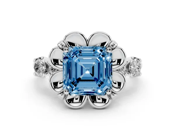 Fancy Blue Asscher Cut Cut Diamond Floral Halo Engagement Ring with Shared Prong Setting White gold