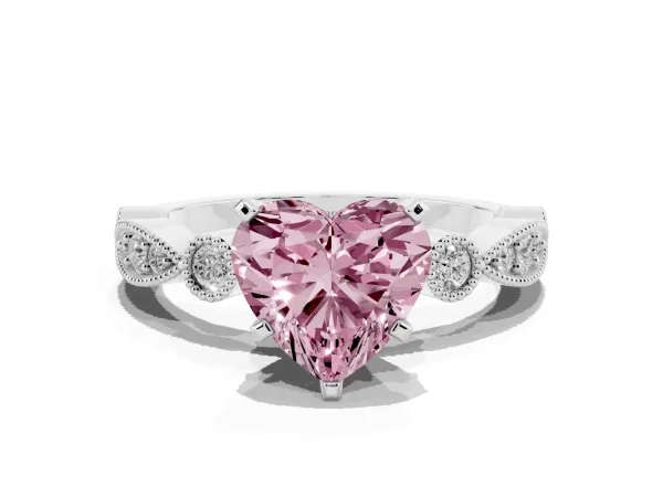 Fancy Pink Heart Cut Milgrain Bezel Diamond Engagement Ring with Solitaire Prong Setting Platinum