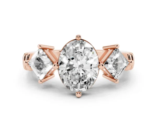 Three-Stone Oval Cut and Princess Cut Diamond Ring with Channel Band and Four-Prong Setting Rose gold