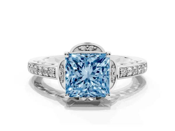 Fancy Blue Princess Cut Cut Halo Diamond Ring with Channel Set Band and Four-Prong Setting Platinum