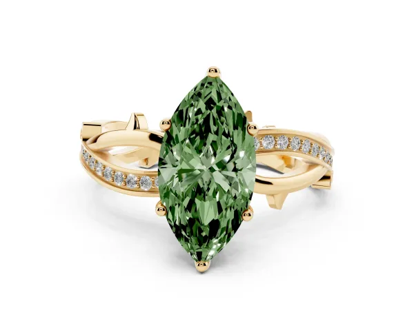 Fancy Green Marquise Cut Solitaire Twist Band with Pavé Accents and Four-Prong Setting Yellow gold