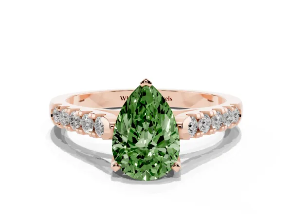 Fancy Green Pear Cut Diamond Pavé Band Solitaire Ring with Prong Setting Rose gold