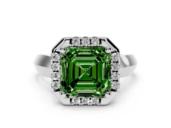 Fancy Green Asscher Cut Cut Halo Solitaire Engagement Ring with Square Band and Four-Prong Setting White gold