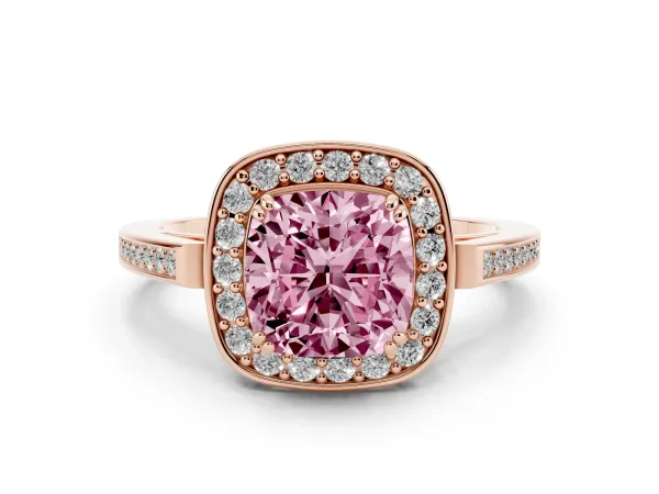Fancy Pink Cushion Cut Diamond Halo Ring with Split Shank and Four-Prong Setting Rose gold