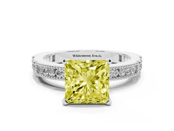 Fancy Yellow Princess Cut Solitaire with Pavé Band and Four-Prong Setting Platinum