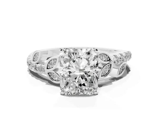 Radiant Cut Solitaire Leaf-Inspired Diamond Ring with Pavé Band and Four-Prong Setting White gold